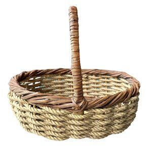 VTG Basket Handle 10.5" x 12"‎ x 9" Hand Woven Cream Brown Wicker Rustic Country
